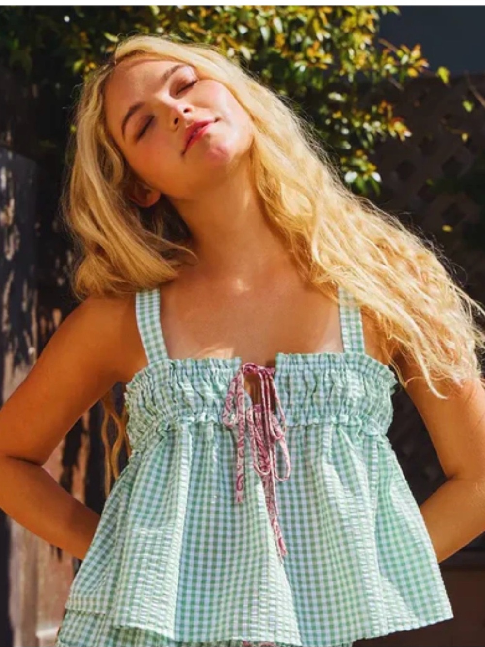 BUCKETLIST Mint Green Gingham Smocked Crop Top
